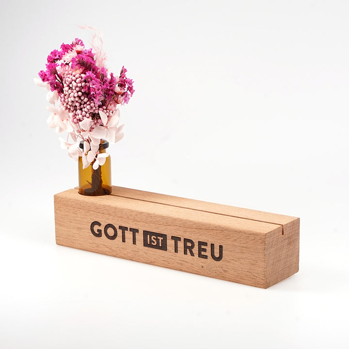 Kartenhalter "Gott ist treu" mit Trockenblumen · Holzgravur · inkl. Postkarte