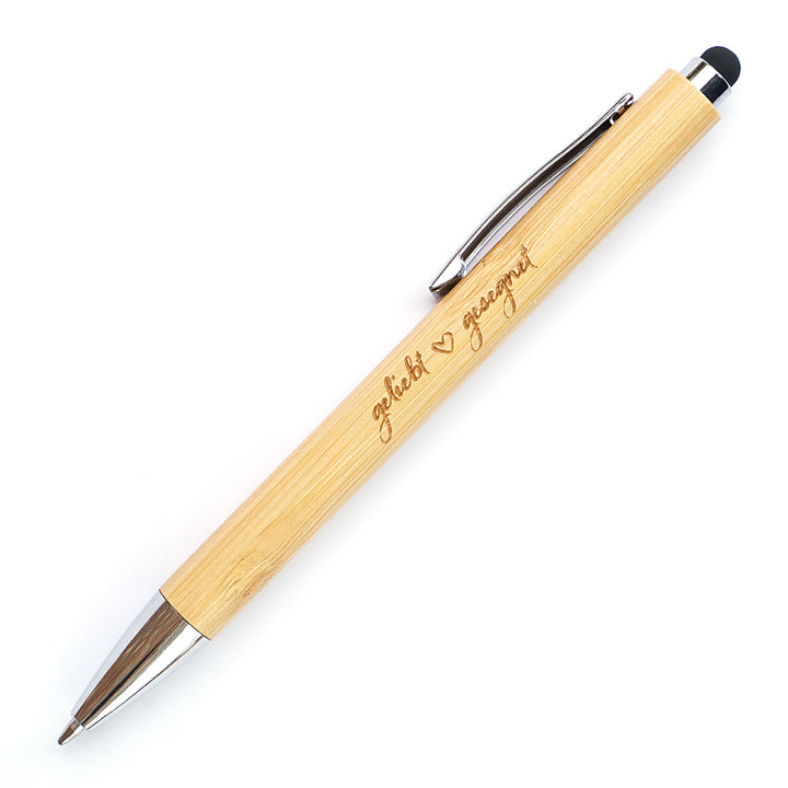 Bambus Kugelschreiber & Stylus "geliebt + gesegnet" · Holzgravur