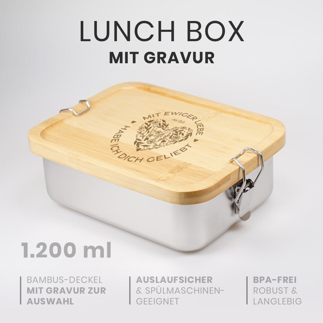 Edelstahl Lunchbox mit Bambusdeckel Gravur (1200ml)