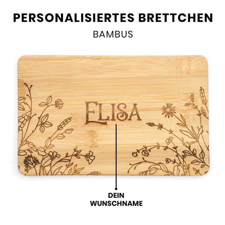 Personalisiertes Brettchen "Blumen" · Bambus · Wunschname als Gravur