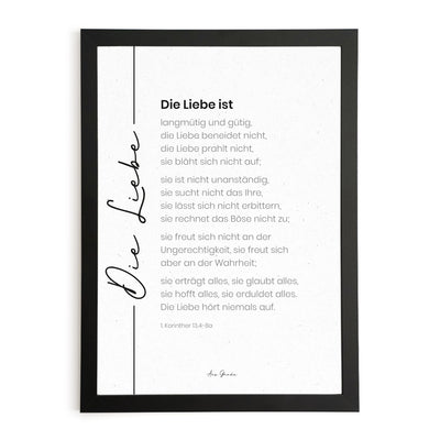 Poster "Die Liebe" · s/w modern · A3 / A4 · Bibelvers Deutsch – Aus Gnade