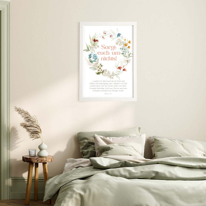 Poster "Sorgt euch um nichts!" · Blumenkranz · Bibelvers
