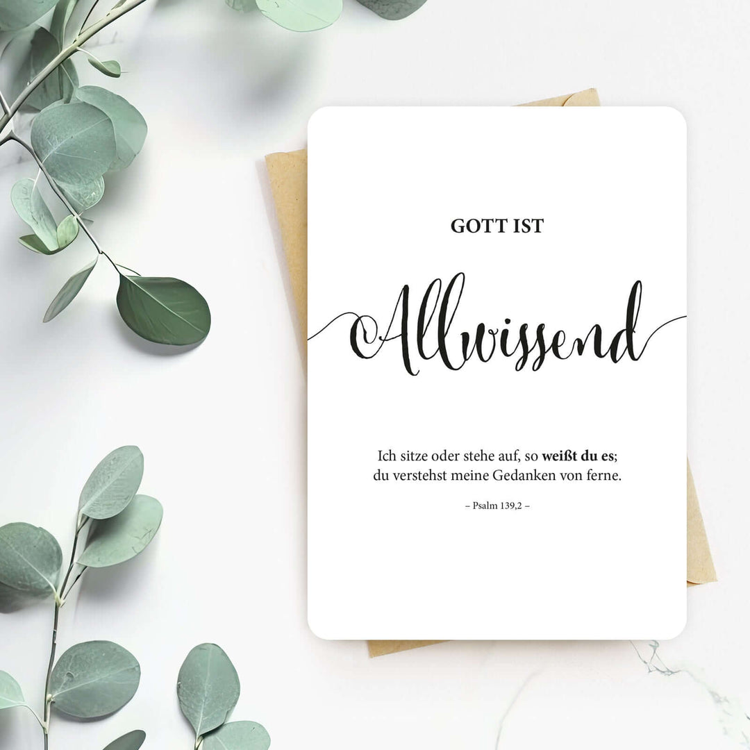 Karte "Gott ist Allwissend" · Lettering · Serie Gottes Wesen – Aus Gnade