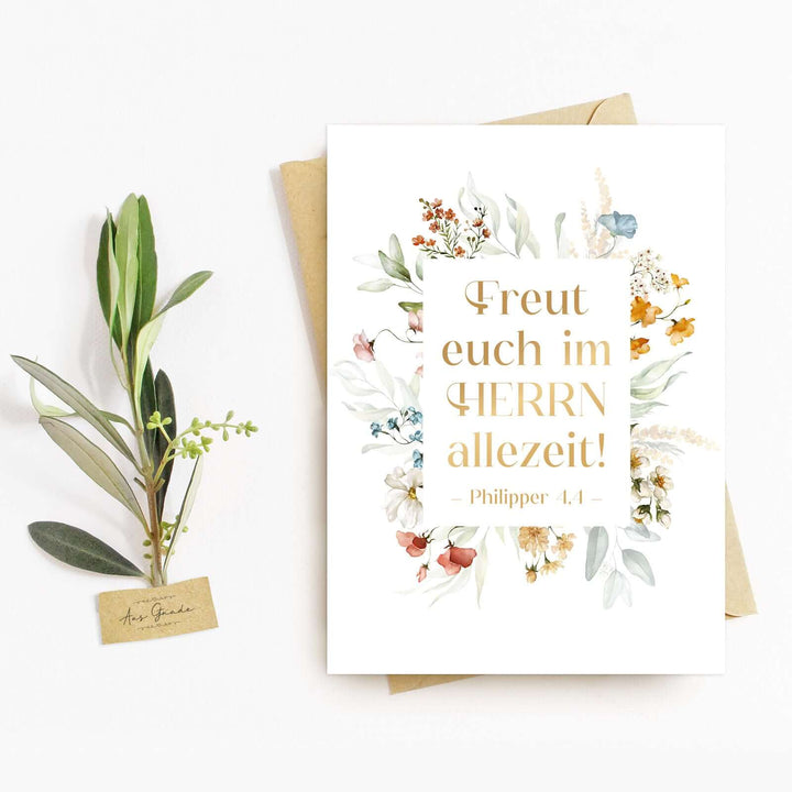 Postkarte "Freut euch im Herrn allezeit!" · A6 · mit Gold veredelt · Philipper 4,4