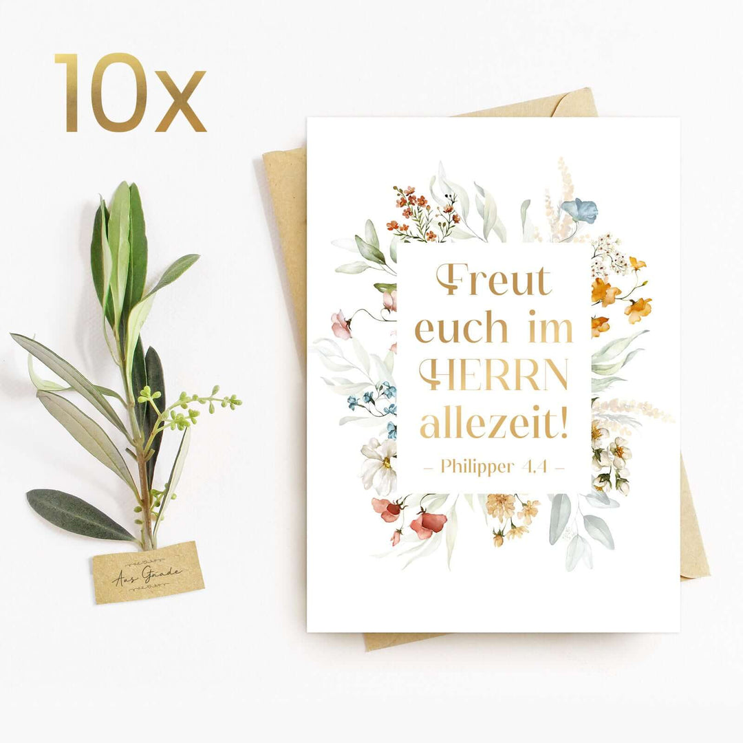 Postkarte "Freut euch im Herrn allezeit!" · A6 · mit Gold veredelt · Philipper 4,4