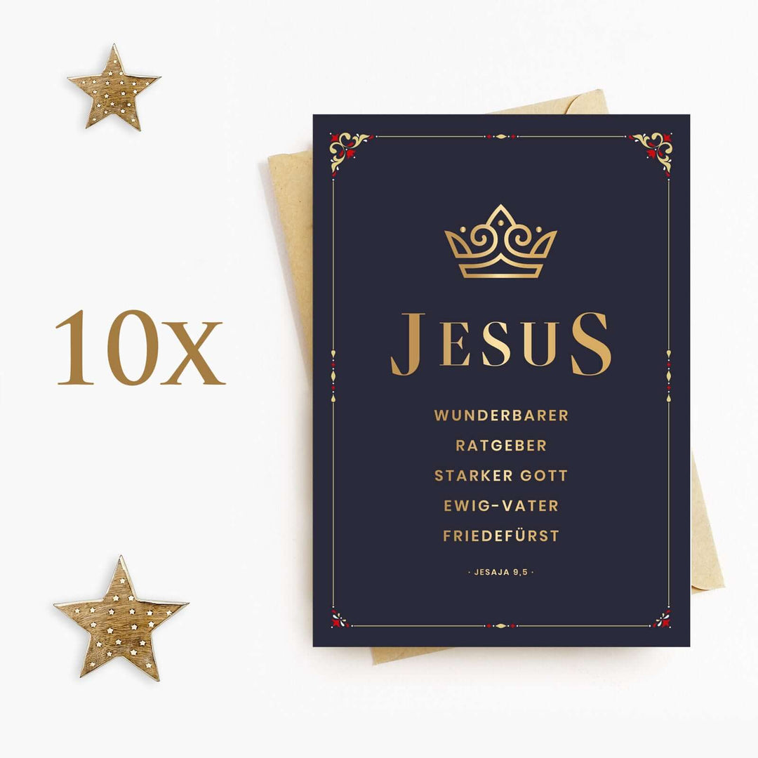 Weihnachtskarte "JESUS" mit Bibelvers · A6 · mit Gold veredelt – Aus Gnade