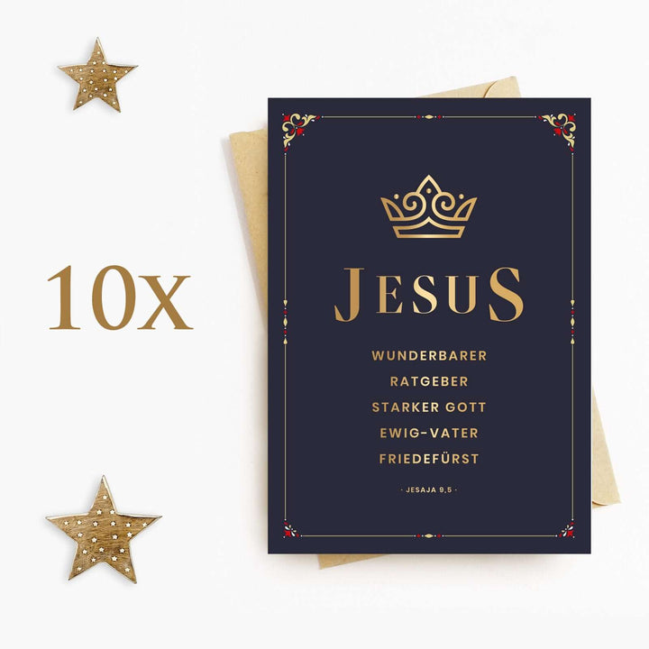 Weihnachtskarte "JESUS" mit Bibelvers · A6 · mit Gold veredelt – Aus Gnade