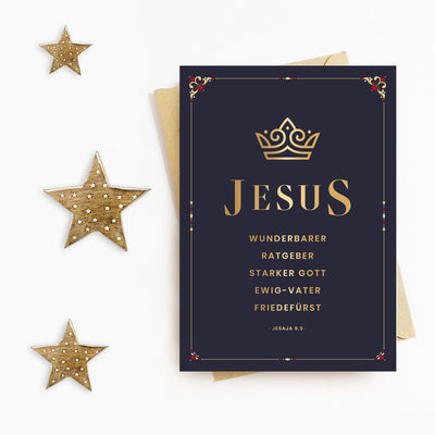 Weihnachtskarte "JESUS" mit Bibelvers · A6 · mit Gold veredelt – Aus Gnade