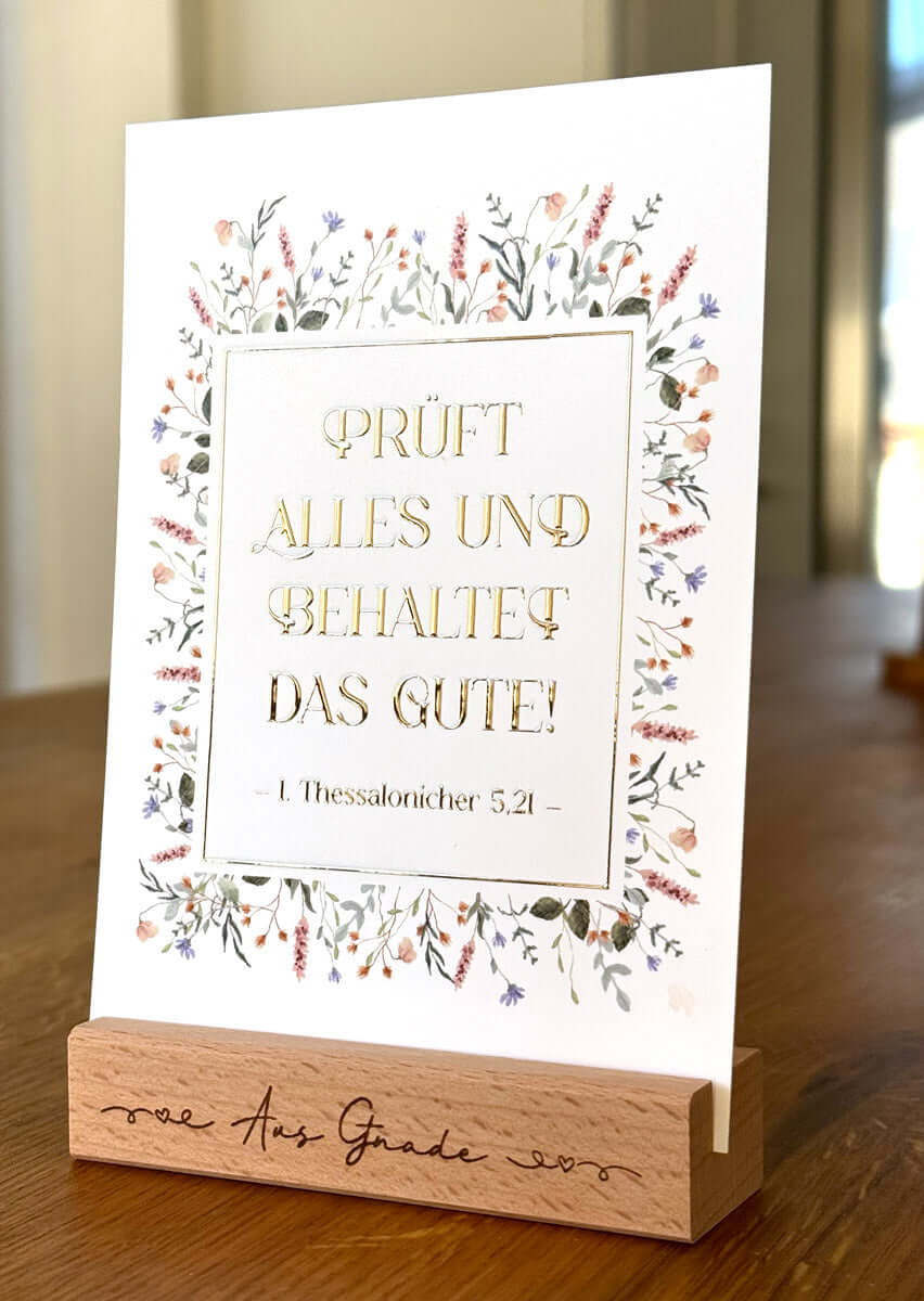 Postkarte "Prüft alles ..." Jahreslosung 2025 · Bibelvers · A6 · mit Gold veredelt – Aus Gnade