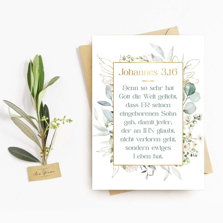 Postkarte "Johannes 3,16" · A6 · mit Gold veredelt