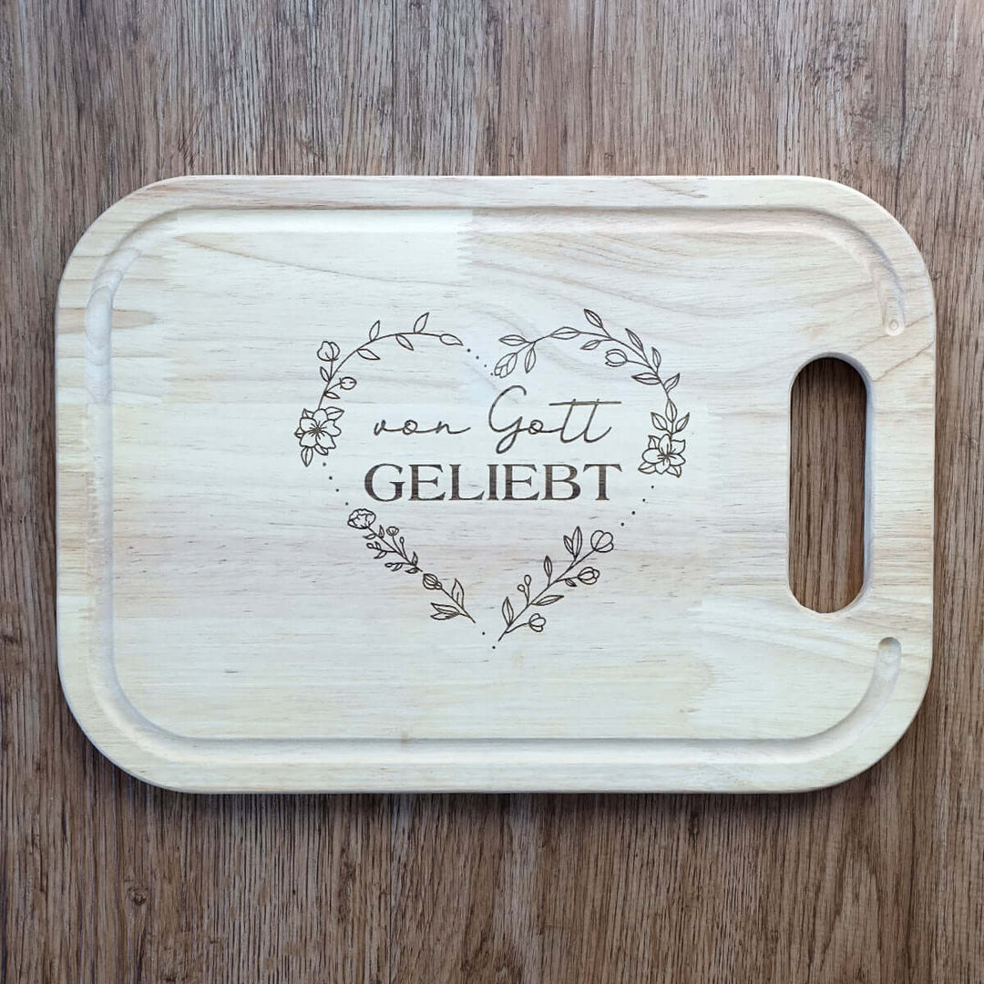 Schneidebrett "Von Gott geliebt" · Gummibaum · Bibelvers Gravur – Aus Gnade