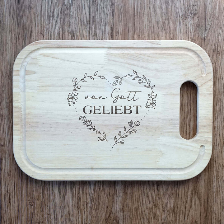 Schneidebrett "Von Gott geliebt" · Gummibaum · Bibelvers Gravur – Aus Gnade