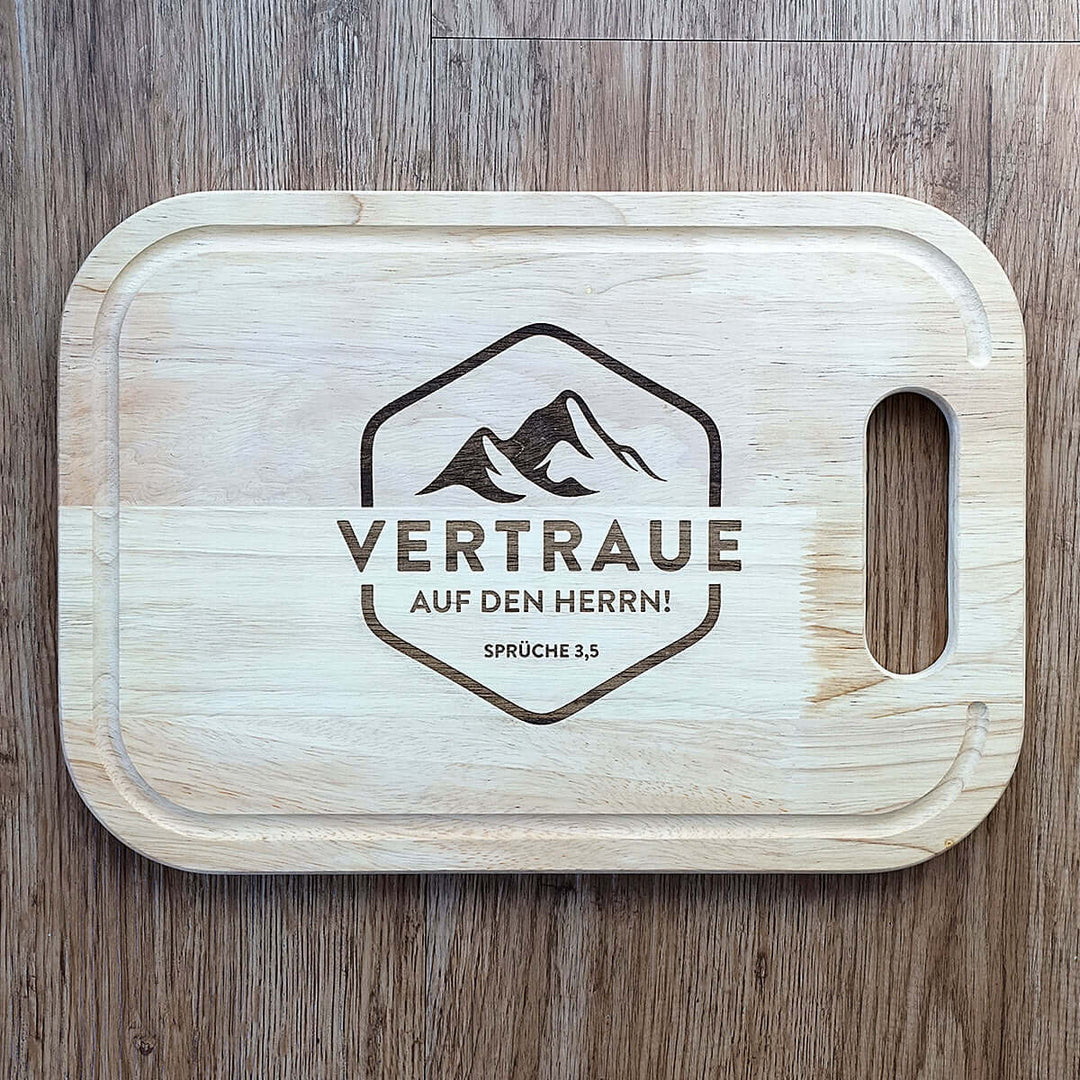 Schneidebrett "Vertraue auf den HERRN!" · Gummibaum · Bibelvers Gravur – Aus Gnade