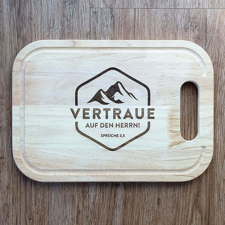 Schneidebrett "Vertraue auf den HERRN!" · Gummibaum · Bibelvers Gravur – Aus Gnade