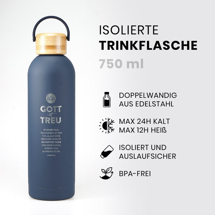 Isolierte Trinkflasche "Gott ist treu" · 750 ml · Gravur · 5.Mose 32,4