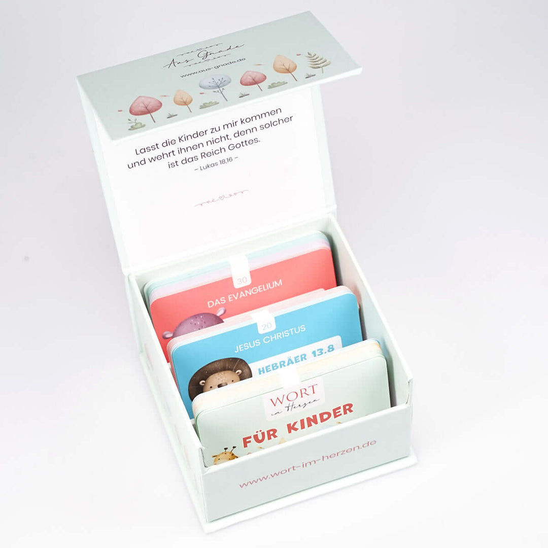 Wort im Herzen "Für Kinder" + Aufbewahrungsbox · Bibelvers-Lernkarten