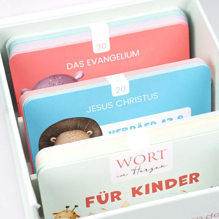 Wort im Herzen "Für Kinder" + Aufbewahrungsbox · Bibelvers-Lernkarten