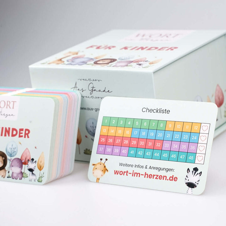 Wort im Herzen "Für Kinder" + Aufbewahrungsbox · Bibelvers-Lernkarten