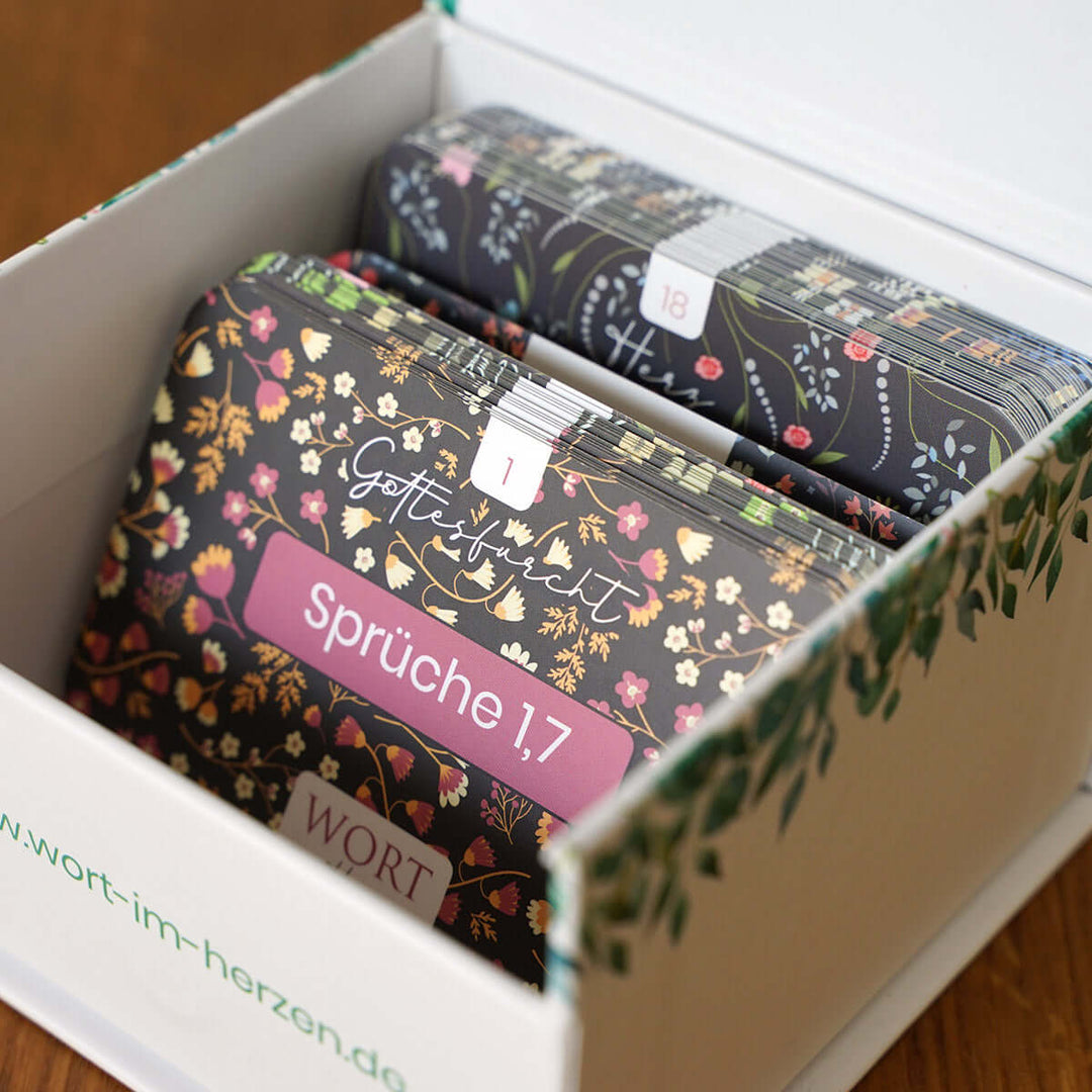 Wort im Herzen · "Die Sprüche" + Aufbewahrungsbox · 48 Bibelvers-Lernkarten – Aus Gnade