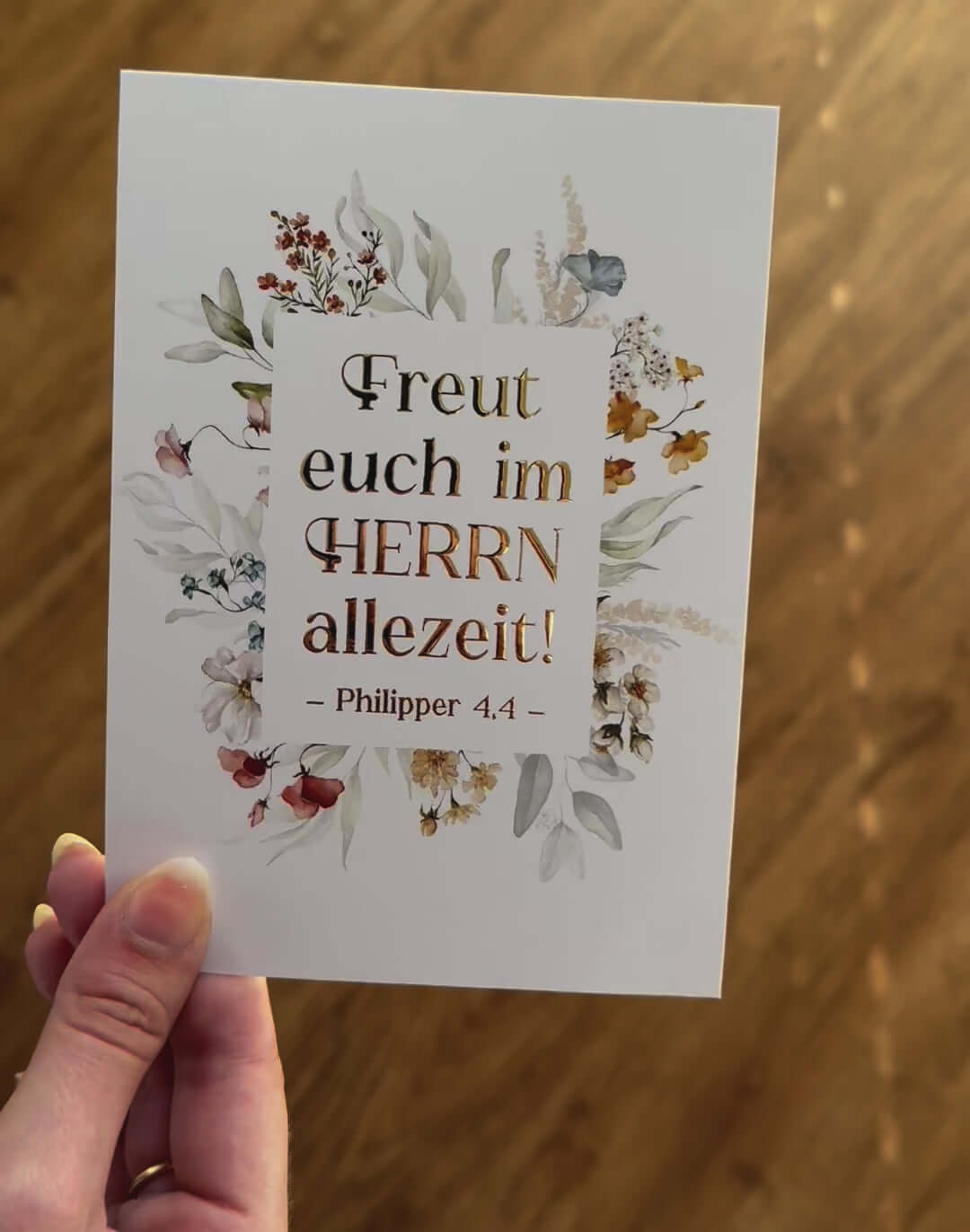 Postkarte "Freut euch im Herrn allezeit!" · A6 · mit Gold veredelt · Philipper 4,4