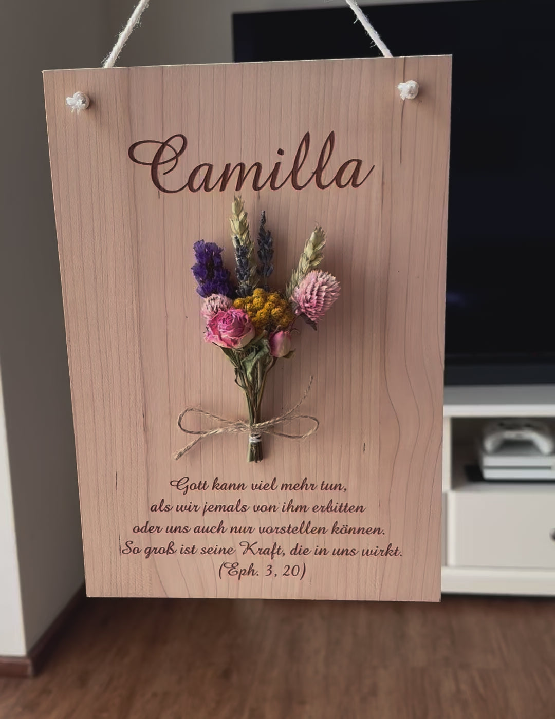 Personalisiertes Holzschild "Trockenblumen" · 3D mit Trockenblumen & Gravur