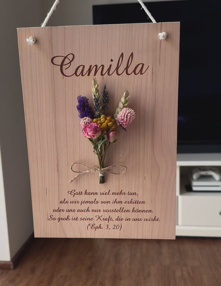 Personalisiertes Holzschild "Trockenblumen" · 3D mit Trockenblumen & Gravur