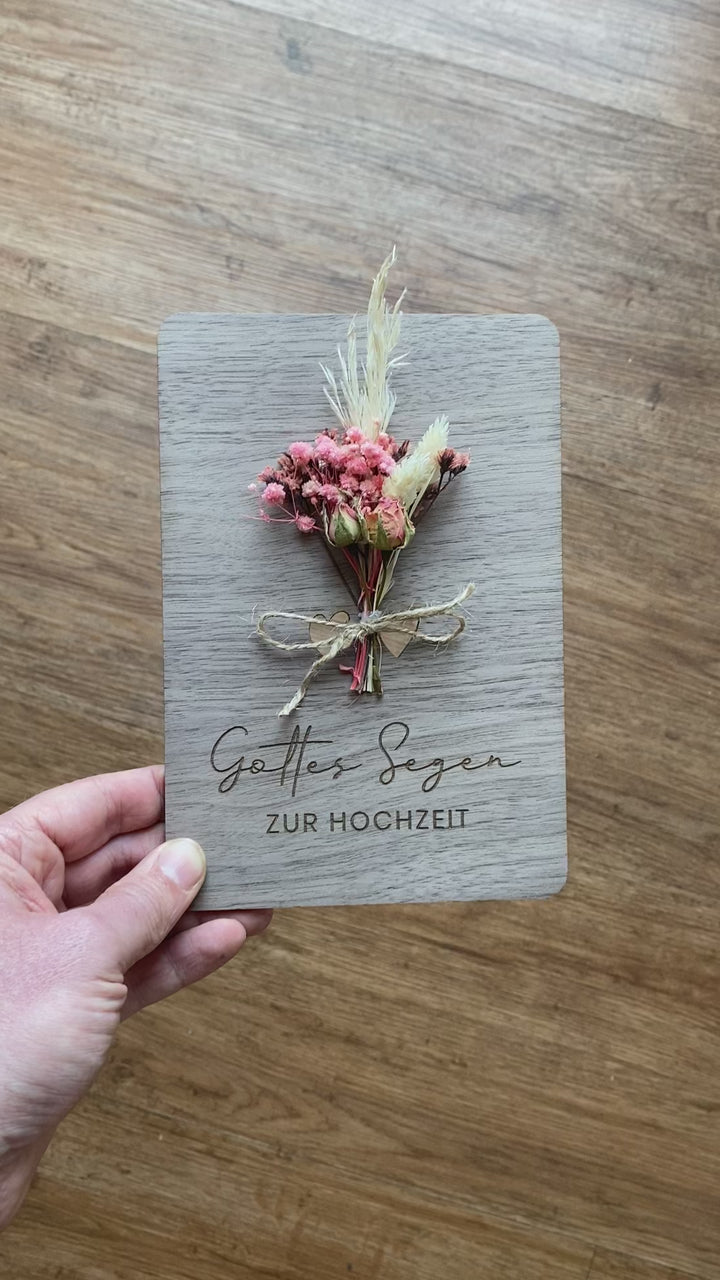Holzdeko "Gottes Segen zur Hochzeit" 3D mit Trockenblumen & Gravur