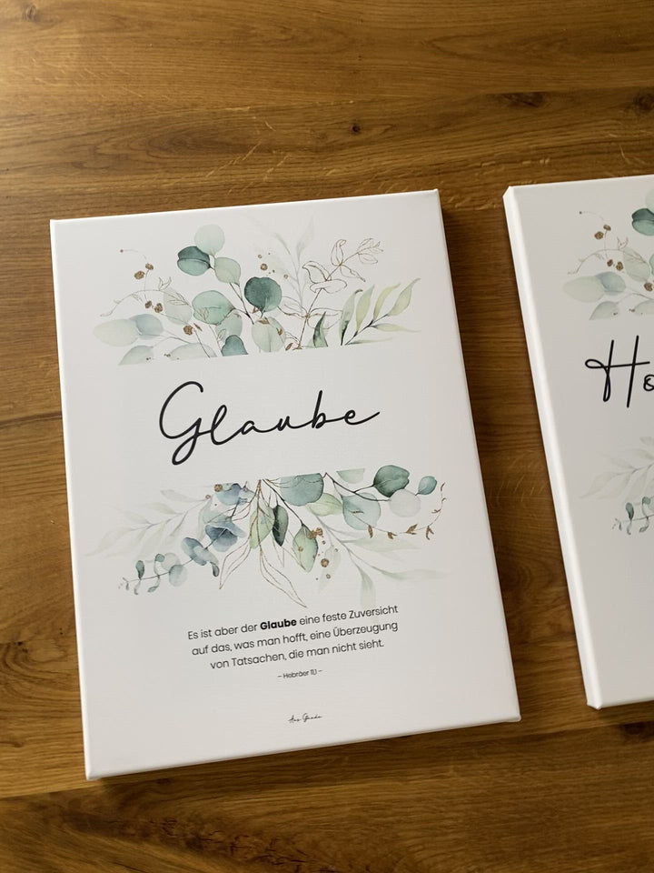 3x Leinwandbilder "Glaube Hoffnung Liebe" · 3er Set · Pflanzen Grün · Bibelvers