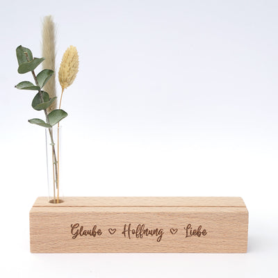 Kartenhalter "Glaube Hoffnung Liebe" mit Trockenblumen · Holzgravur · handmade · inkl. Postkarte – Aus Gnade