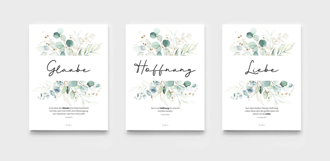 3x Leinwandbilder "Glaube Hoffnung Liebe" · 3er Set · Pflanzen Grün · Bibelvers – Aus Gnade