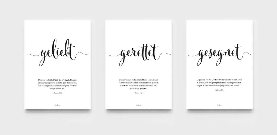 3x Leinwandbilder "geliebt gerettet gesegnet" · 3er Set · Bibelvers – Aus Gnade