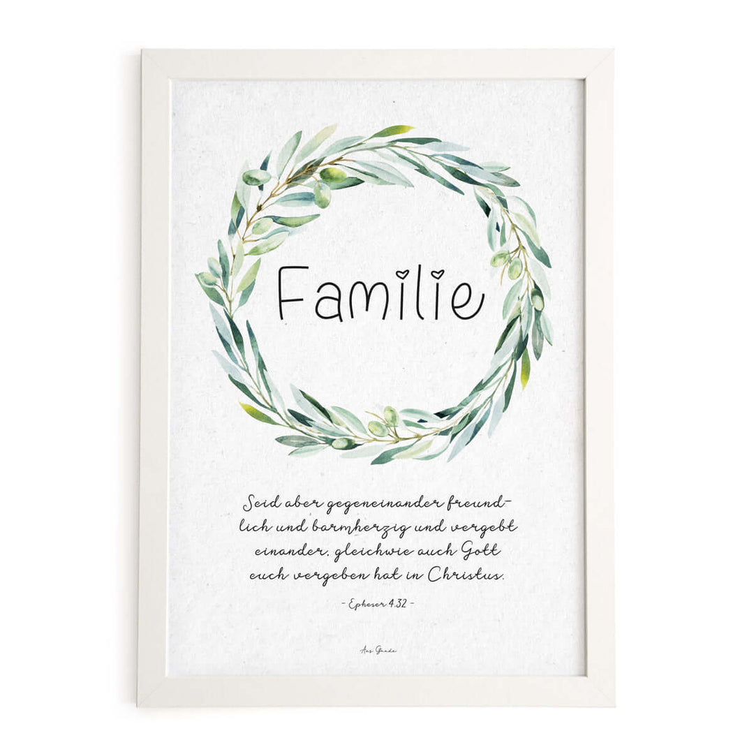 Poster "Familie" Olivenkranz · A3 / A4 · Bibelvers Deutsch – Aus Gnade