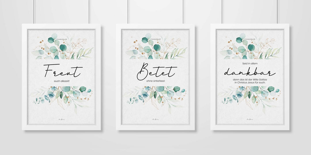 Poster "Freut betet dankt" · 3er Set · Pflanzen Grün · A3 / A4 · Bibelvers Deutsch – Aus Gnade
