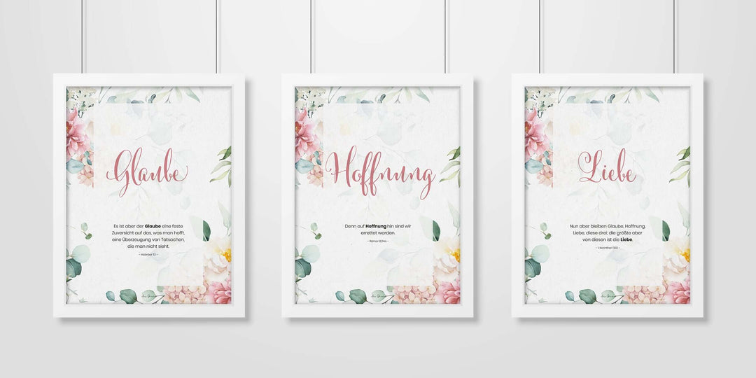 Poster "Glaube Hoffnung Liebe" · 3er Set · Pflanzen Rosa · A3 / A4 · Bibelvers Deutsch – Aus Gnade