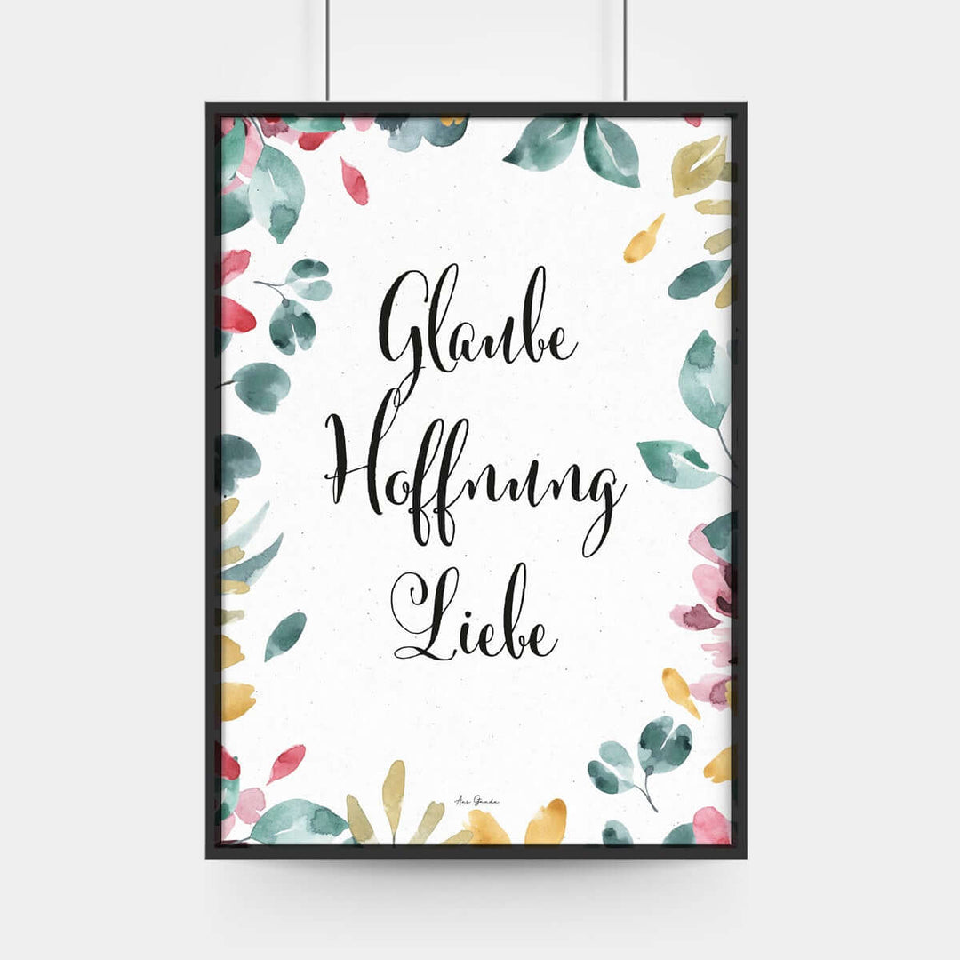 Poster "Glaube Hoffnung Liebe" · Watercolor Pflanzen · A3 / A4 · Bibelvers Deutsch – Aus Gnade
