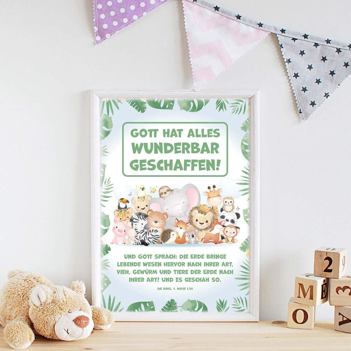 Poster für Kinder "Gott hat alles wunderbar geschaffen!" · Bibelvers · Kinderzimmer – Aus Gnade