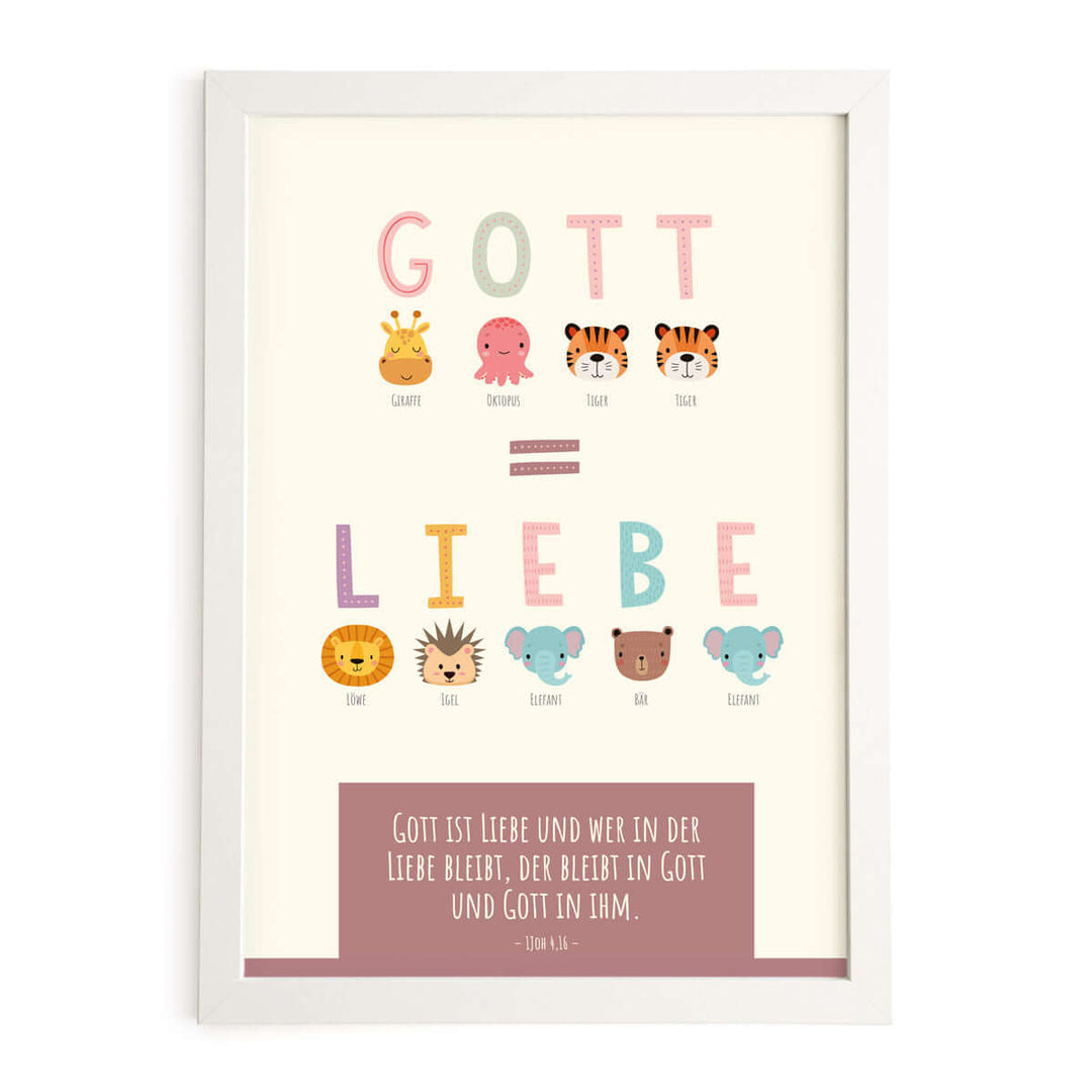 Poster für Kinder "Gott ist Liebe" · Buchstaben · Bibelvers · 1Joh 4,16 · Kinderzimmer – Aus Gnade