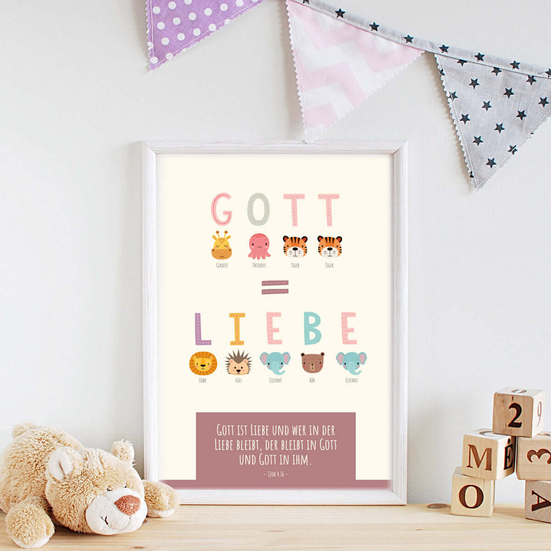 Poster für Kinder "Gott ist Liebe" · Buchstaben · Bibelvers · 1Joh 4,16 · Kinderzimmer – Aus Gnade