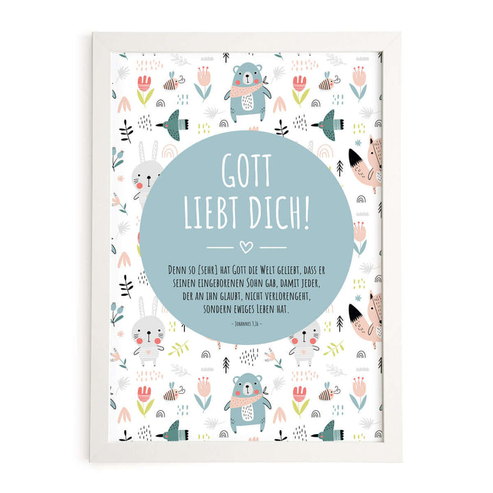 Poster für Kinder "Gott liebt dich!" · Bibelvers · Joh 3,16 · Kinderzimmer – Aus Gnade