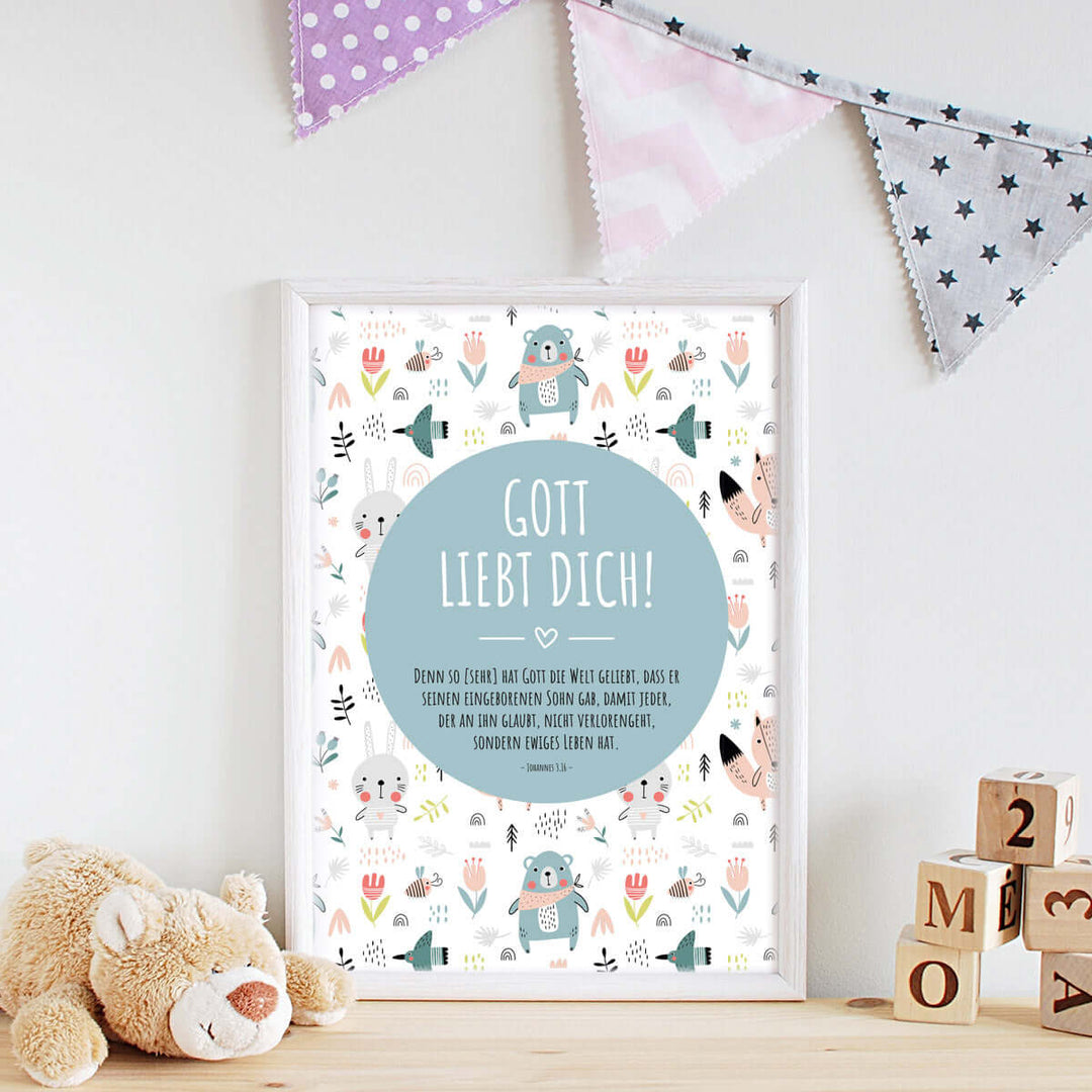 Poster für Kinder "Gott liebt dich!" · Bibelvers · Joh 3,16 · Kinderzimmer – Aus Gnade