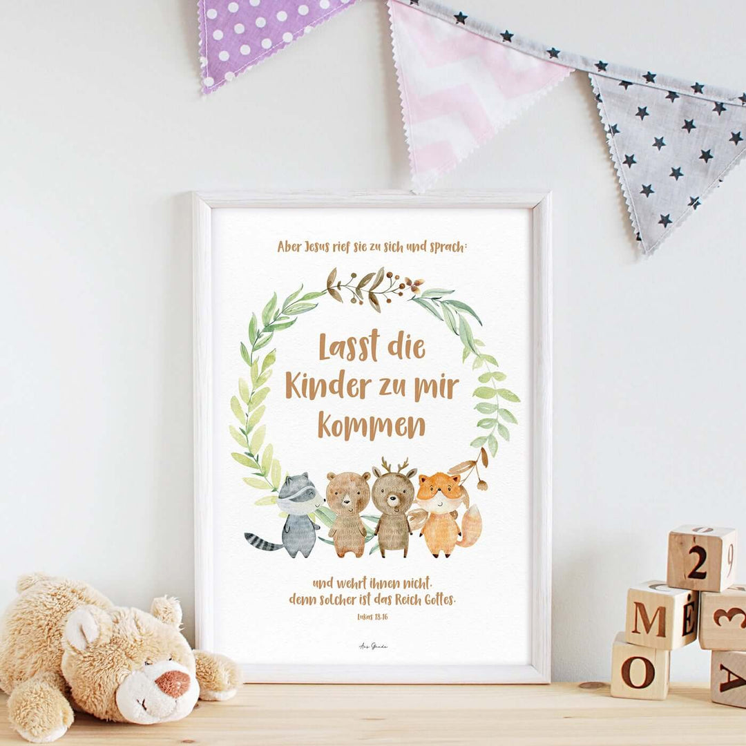 Poster "Lasst die Kinder zu mir kommen" · A3 / A4 · Bibelvers Deutsch – Aus Gnade