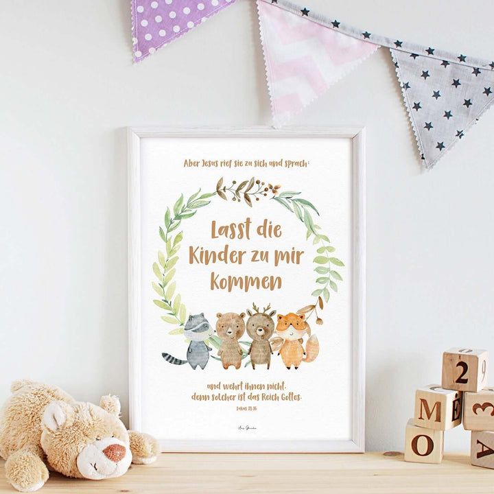 Poster "Lasst die Kinder zu mir kommen" · A3 / A4 · Bibelvers Deutsch – Aus Gnade