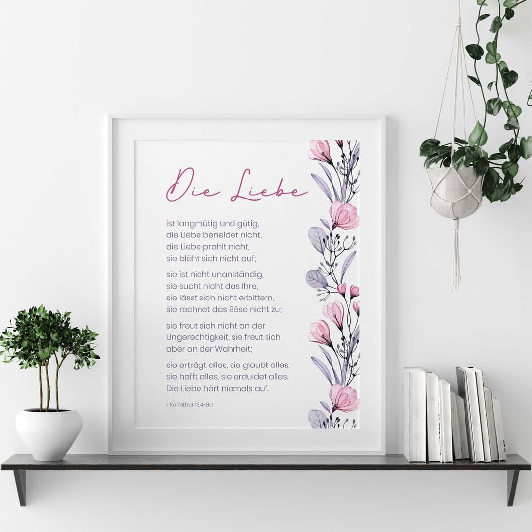 Poster "Die Liebe" · Pflanzen modern · A3 / A4 · Bibelvers Deutsch – Aus Gnade
