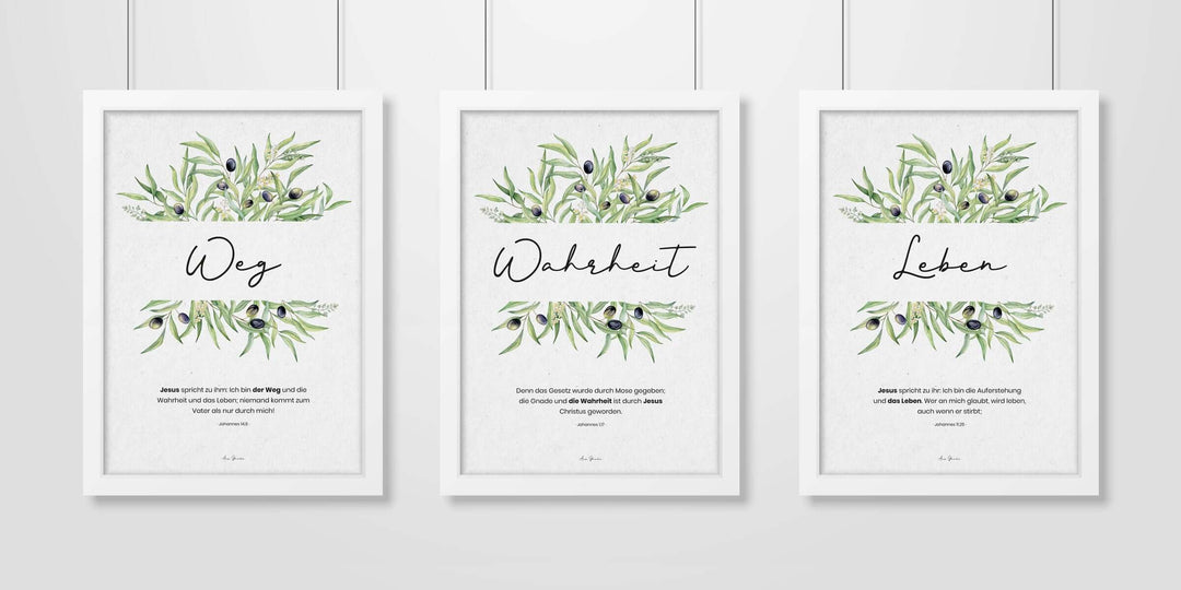 Poster "Weg Wahrheit Leben" Oliven · 3er Set · A3 / A4 · Bibelvers – Aus Gnade