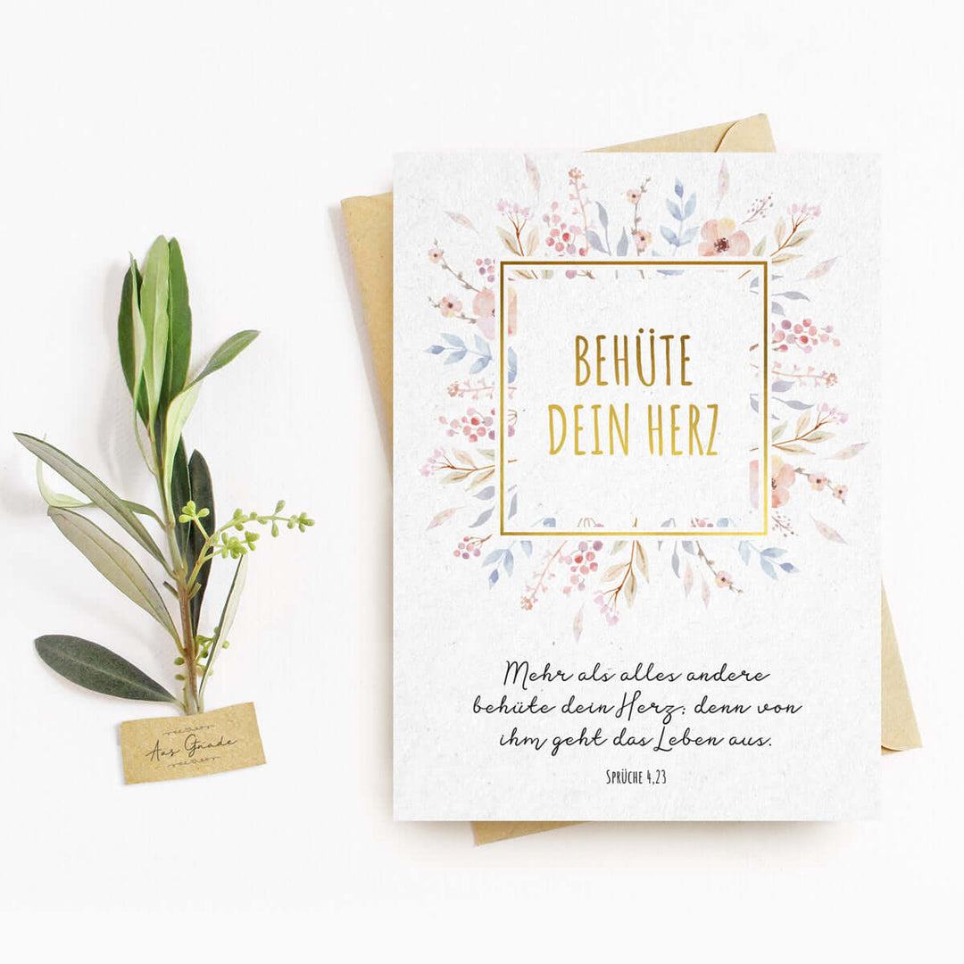 Postkarte "Behüte dein Herz" mit Bibelvers · A6 · mit Gold veredelt – Aus Gnade