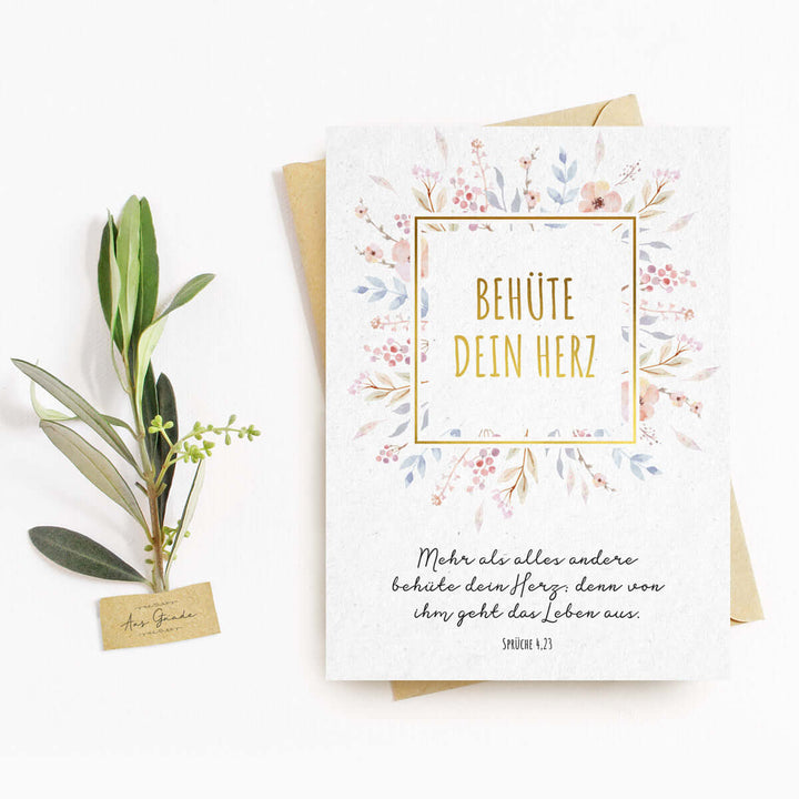 Postkarte "Behüte dein Herz" mit Bibelvers · A6 · mit Gold veredelt – Aus Gnade