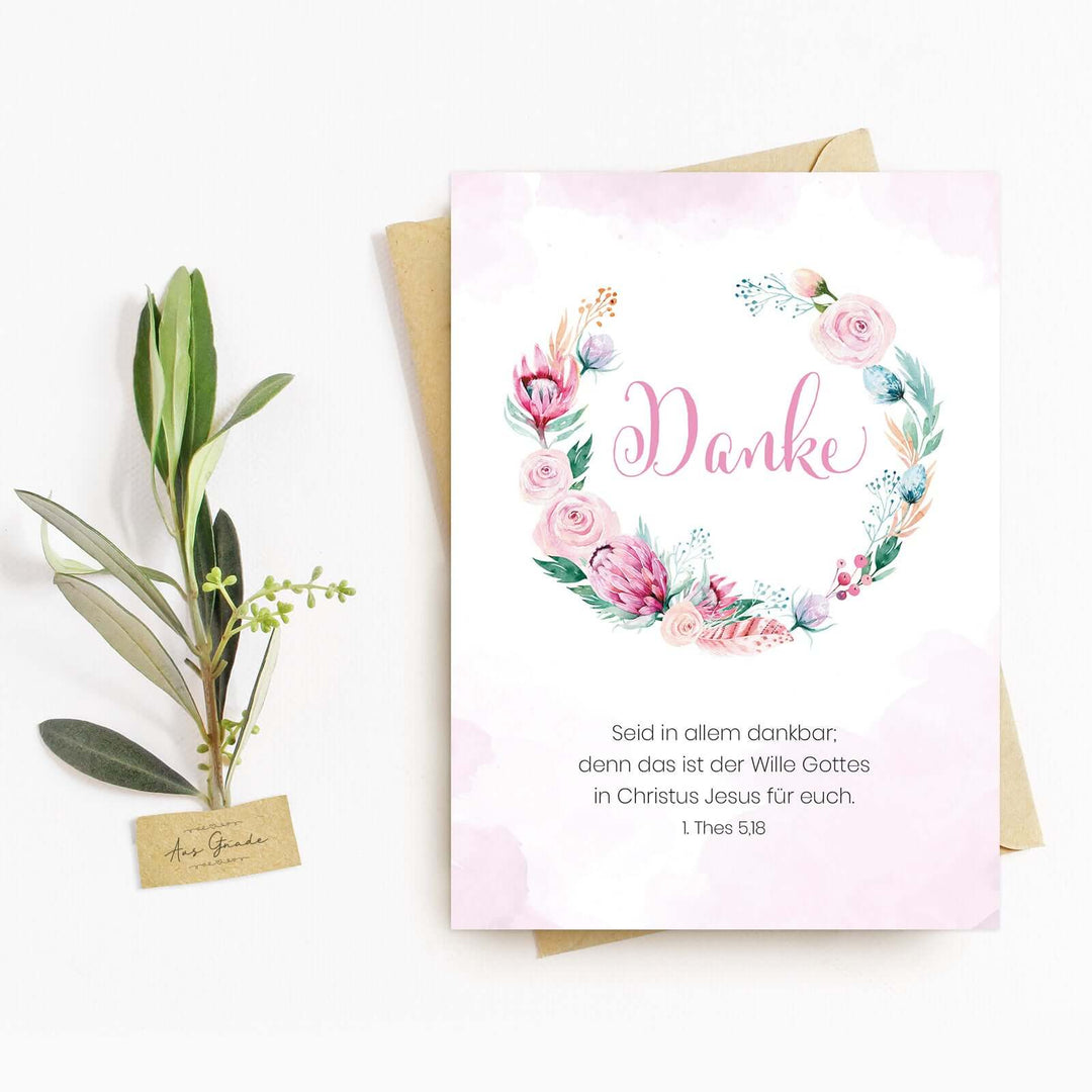 Postkarte "Danke" · Bibelvers · Leinenstruktur – Aus Gnade