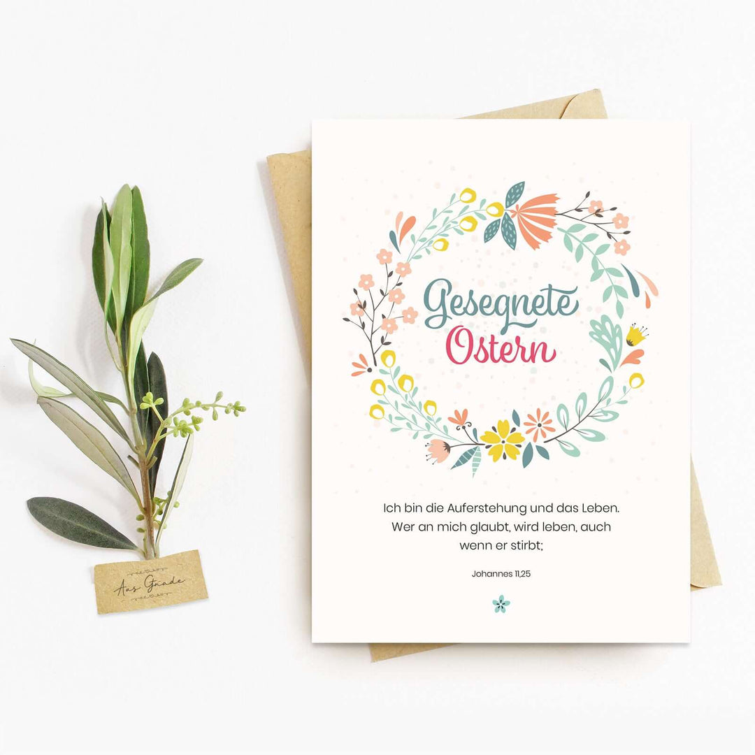 Osterkarte "Gesegnete Ostern" mit Bibelvers · A6 · hochwertiges Leinenpapier – Aus Gnade