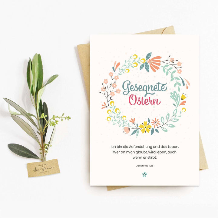 Osterkarte "Gesegnete Ostern" mit Bibelvers · A6 · hochwertiges Leinenpapier – Aus Gnade