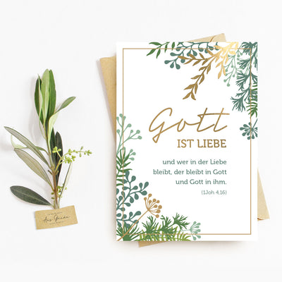 Postkarte "Gott ist Liebe" · A6 · mit Gold veredelt – Aus Gnade